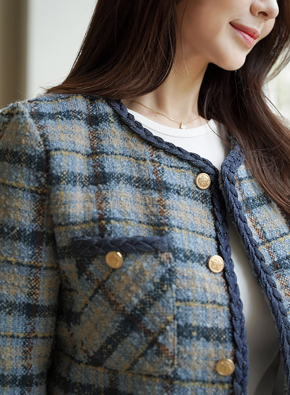 格紋撞色粗花呢外套,KOREA,355458,格紋撞色粗花呢外套,領500,999免運