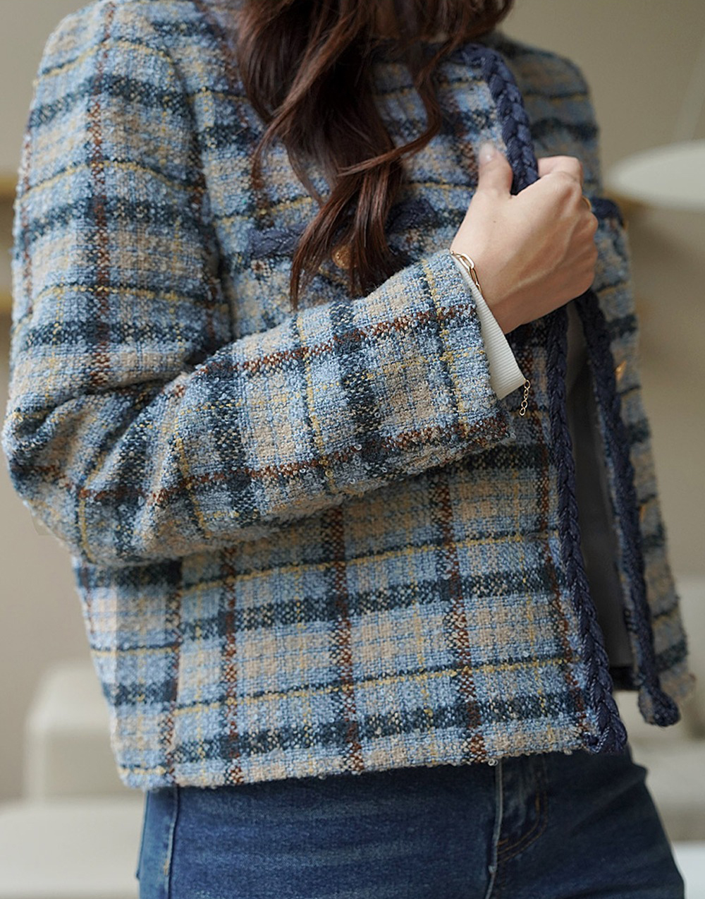 格紋撞色粗花呢外套,KOREA,355458,格紋撞色粗花呢外套,領500,999免運