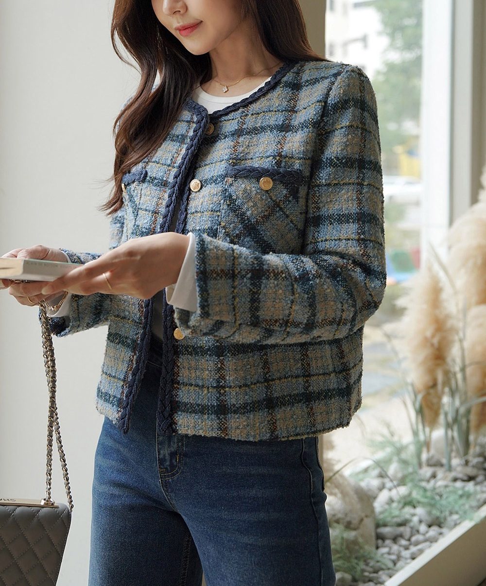 格紋撞色粗花呢外套,KOREA,355458,格紋撞色粗花呢外套,領500,999免運