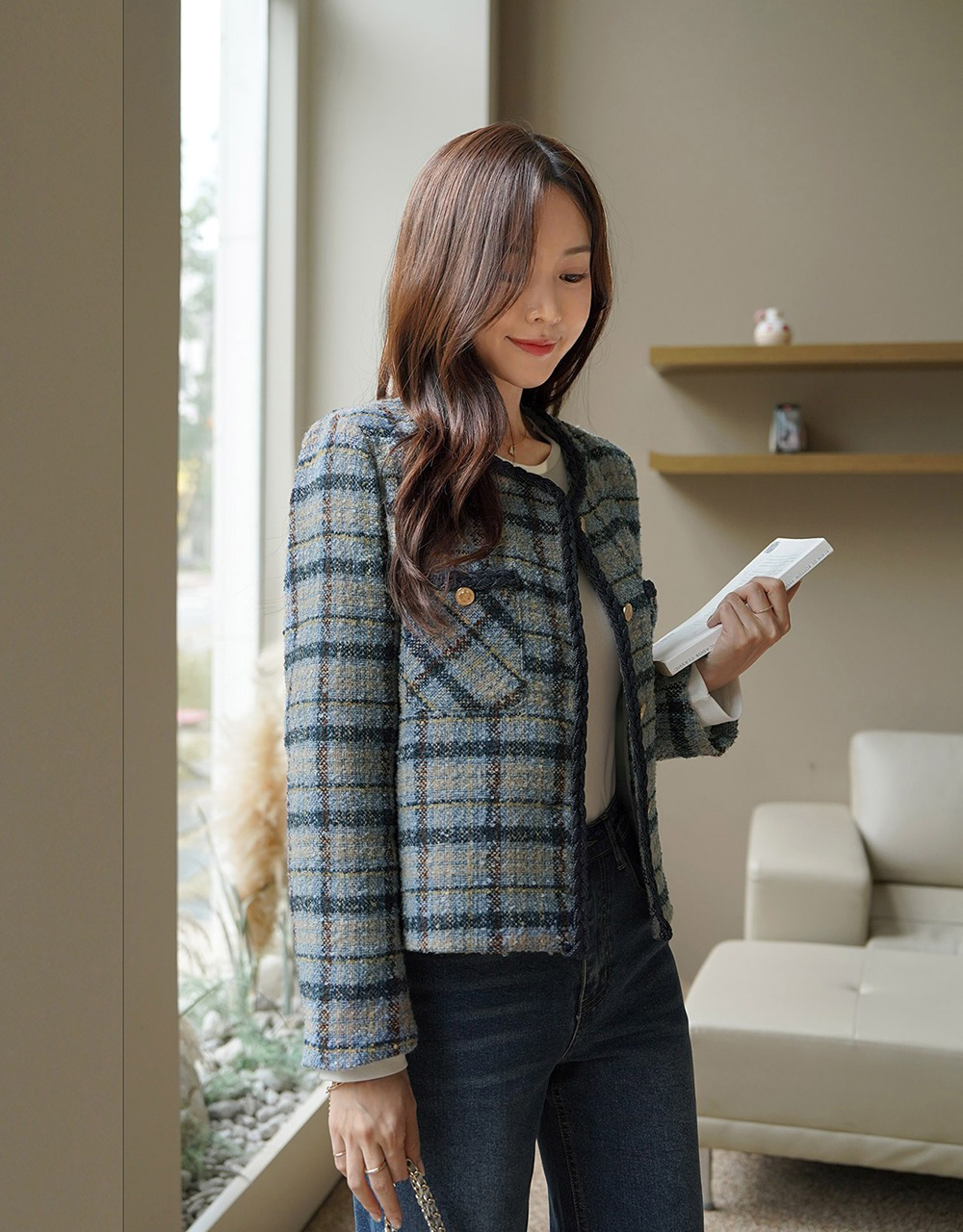 格紋撞色粗花呢外套,KOREA,355458,格紋撞色粗花呢外套,領500,999免運