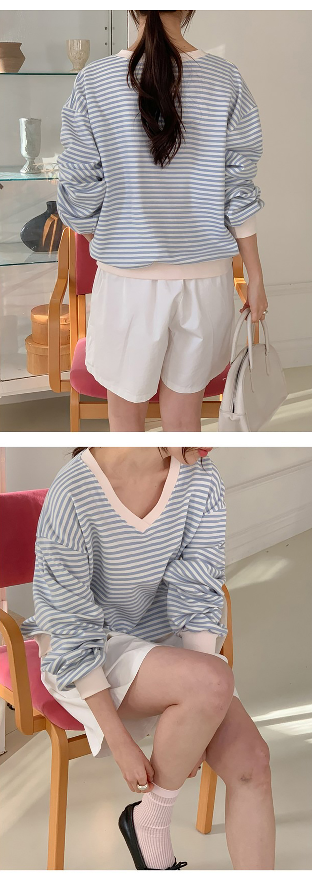 小清新條紋V領上衣,KOREA,355650,小清新條紋V領上衣,領500,999免運