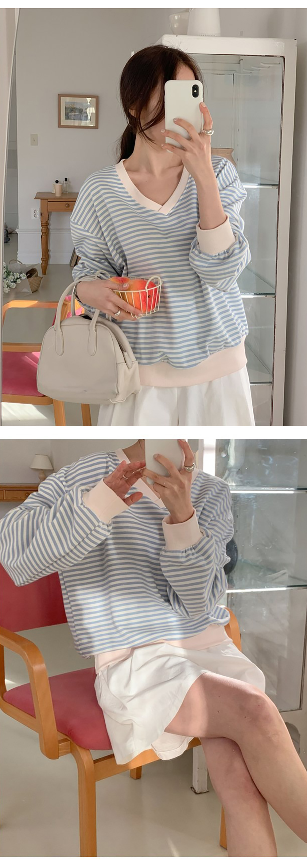 小清新條紋V領上衣,KOREA,355650,小清新條紋V領上衣,領500,999免運