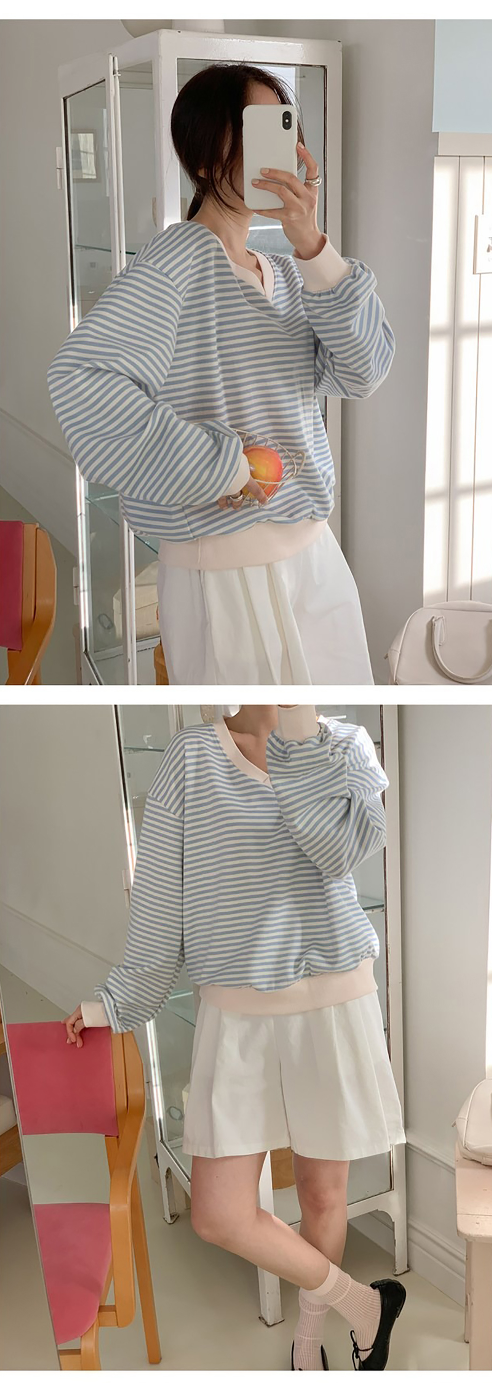 小清新條紋V領上衣,KOREA,355650,小清新條紋V領上衣,領500,999免運