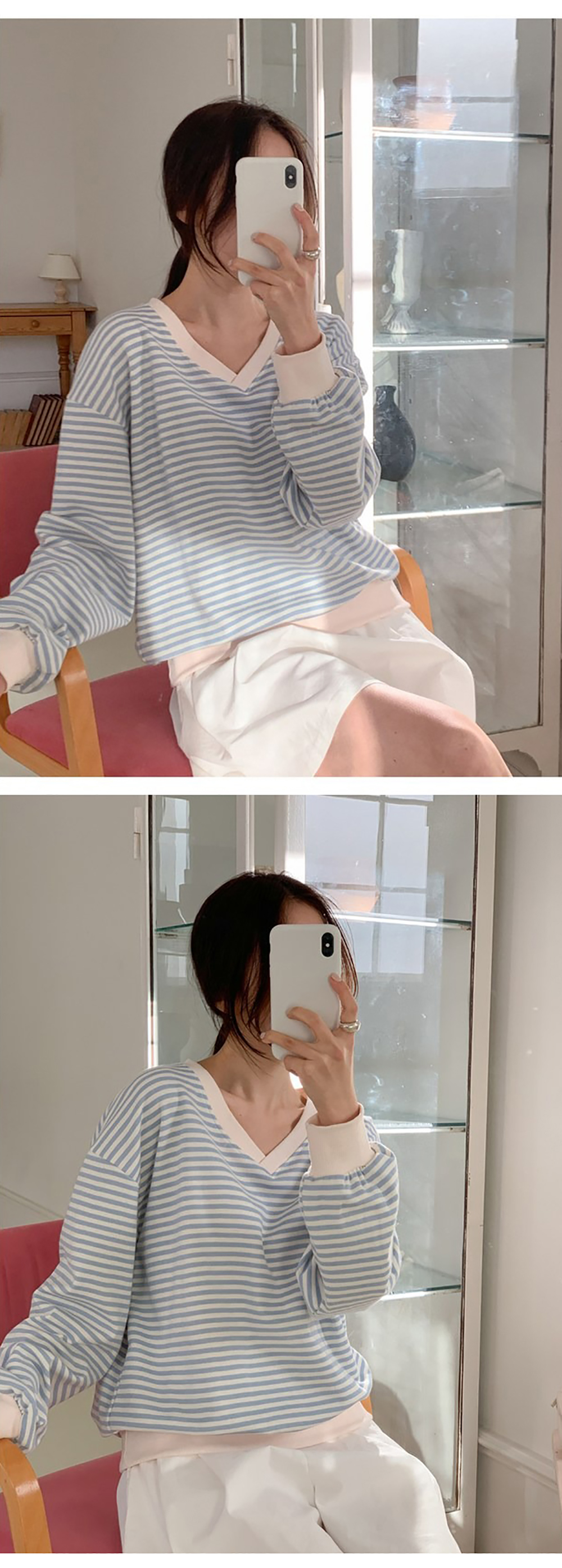 小清新條紋V領上衣,KOREA,355650,小清新條紋V領上衣,領500,999免運