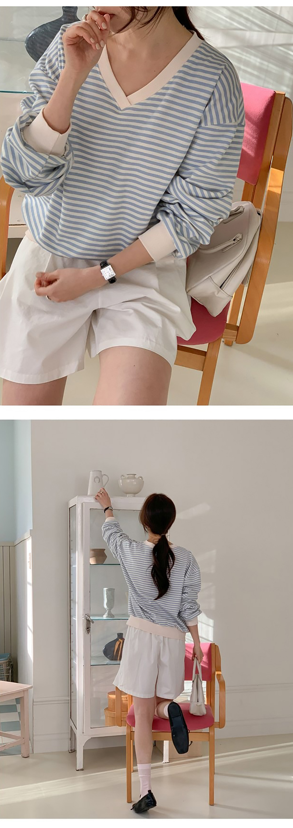 小清新條紋V領上衣,KOREA,355650,小清新條紋V領上衣,領500,999免運