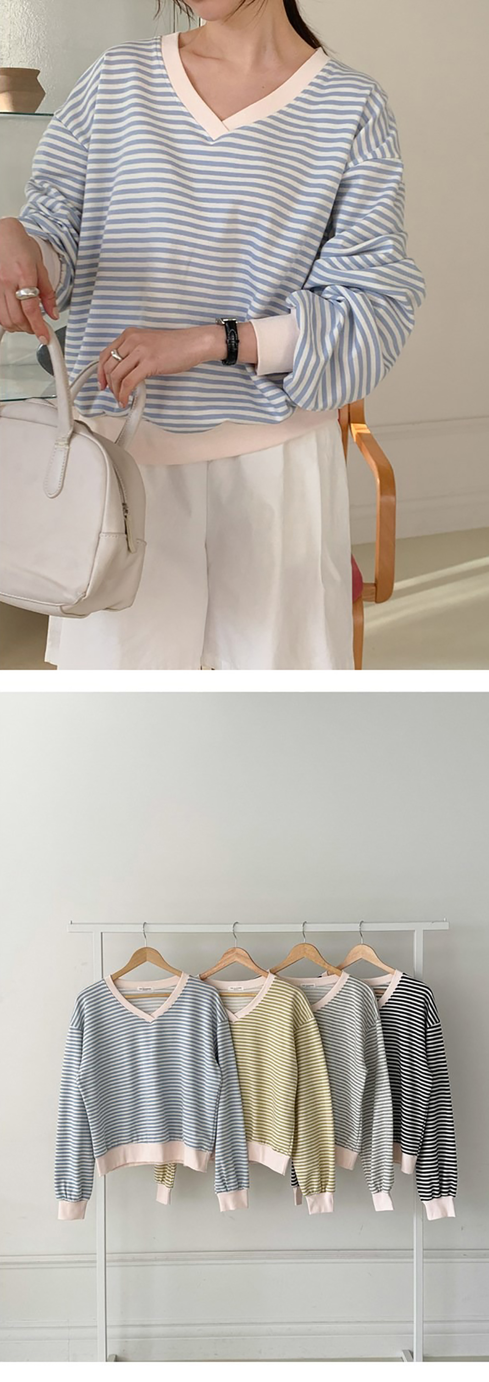 小清新條紋V領上衣,KOREA,355650,小清新條紋V領上衣,領500,999免運
