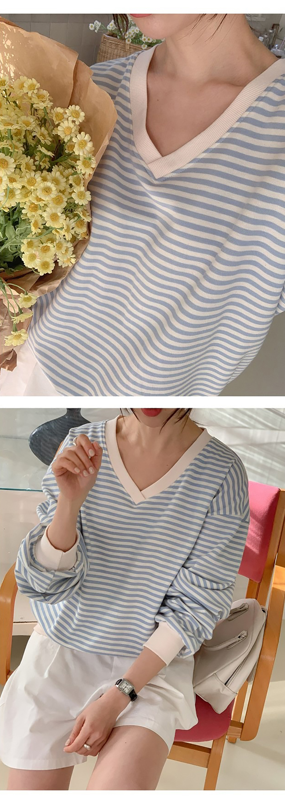 小清新條紋V領上衣,KOREA,355650,小清新條紋V領上衣,領500,999免運