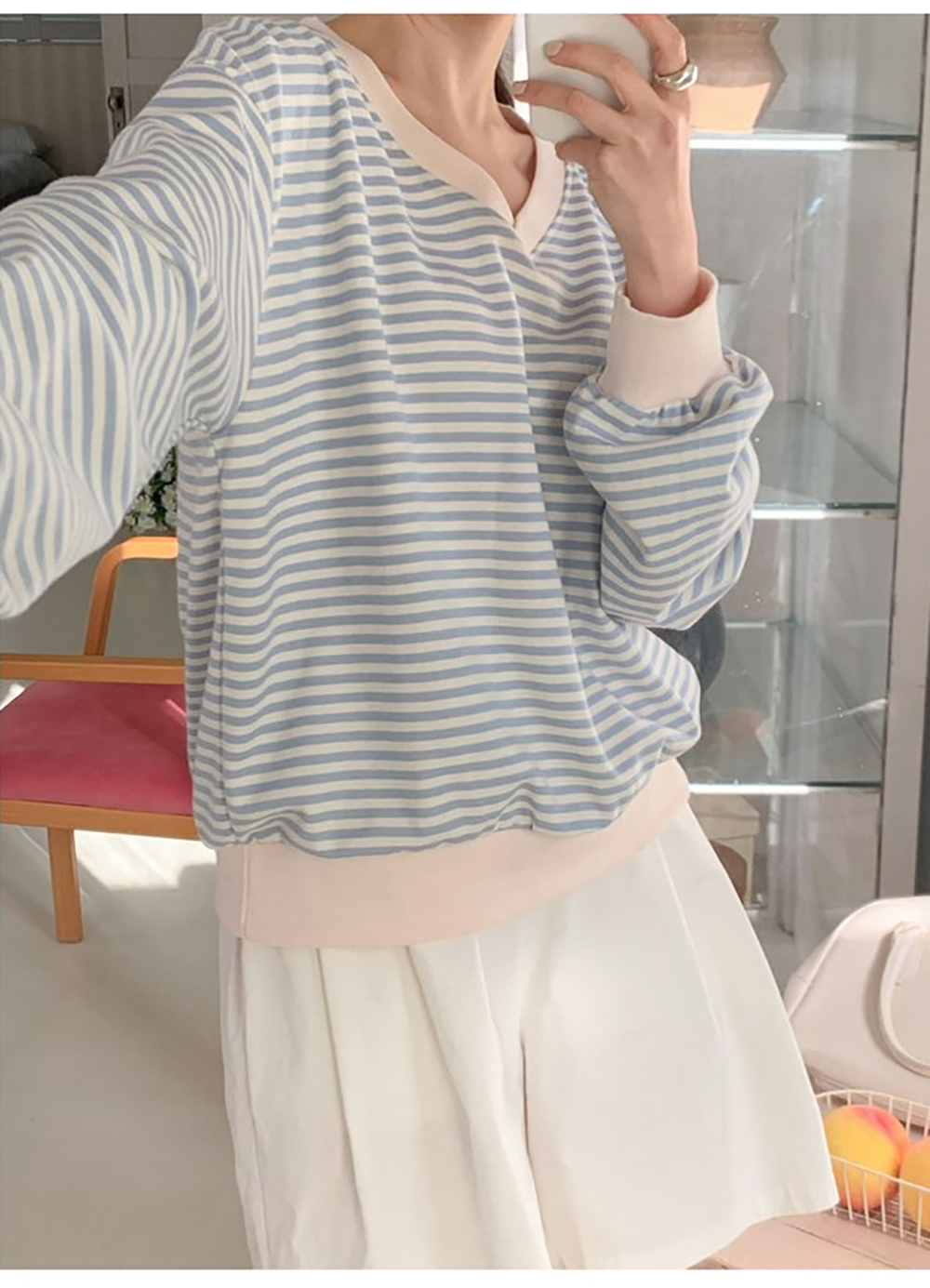 小清新條紋V領上衣,KOREA,355650,小清新條紋V領上衣,領500,999免運