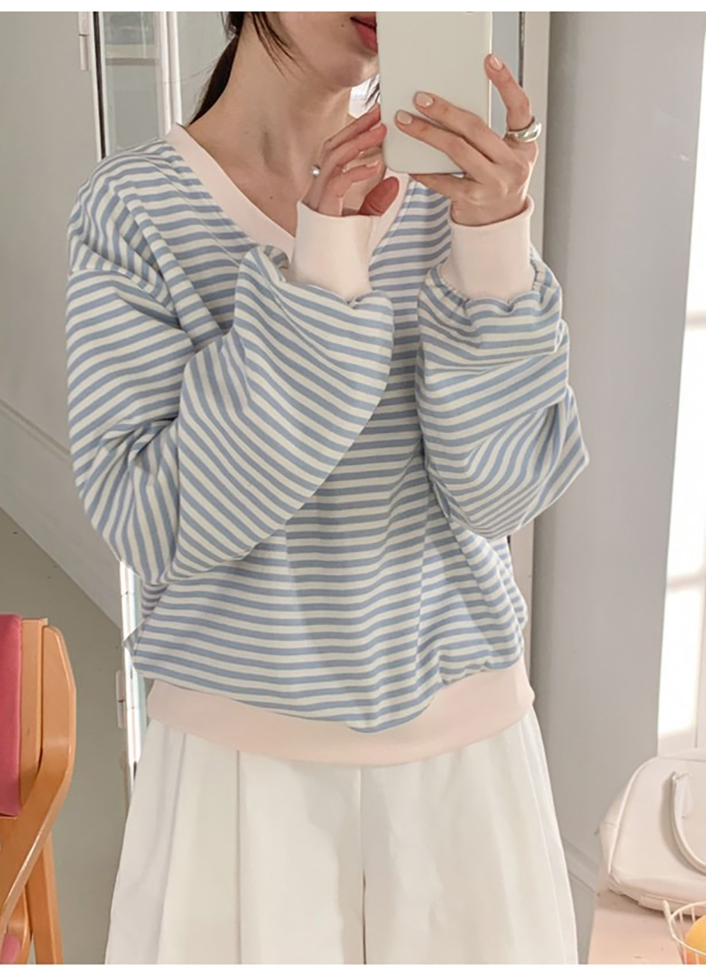 小清新條紋V領上衣,KOREA,355650,小清新條紋V領上衣,領500,999免運