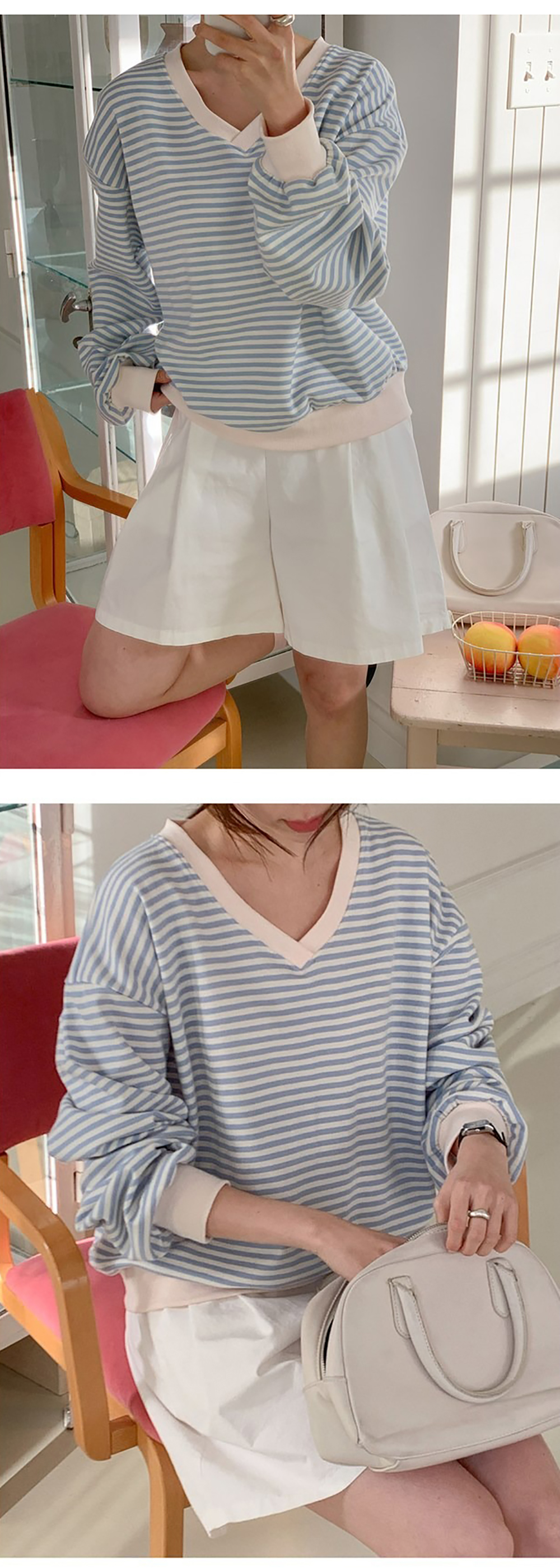 小清新條紋V領上衣,KOREA,355650,小清新條紋V領上衣,領500,999免運