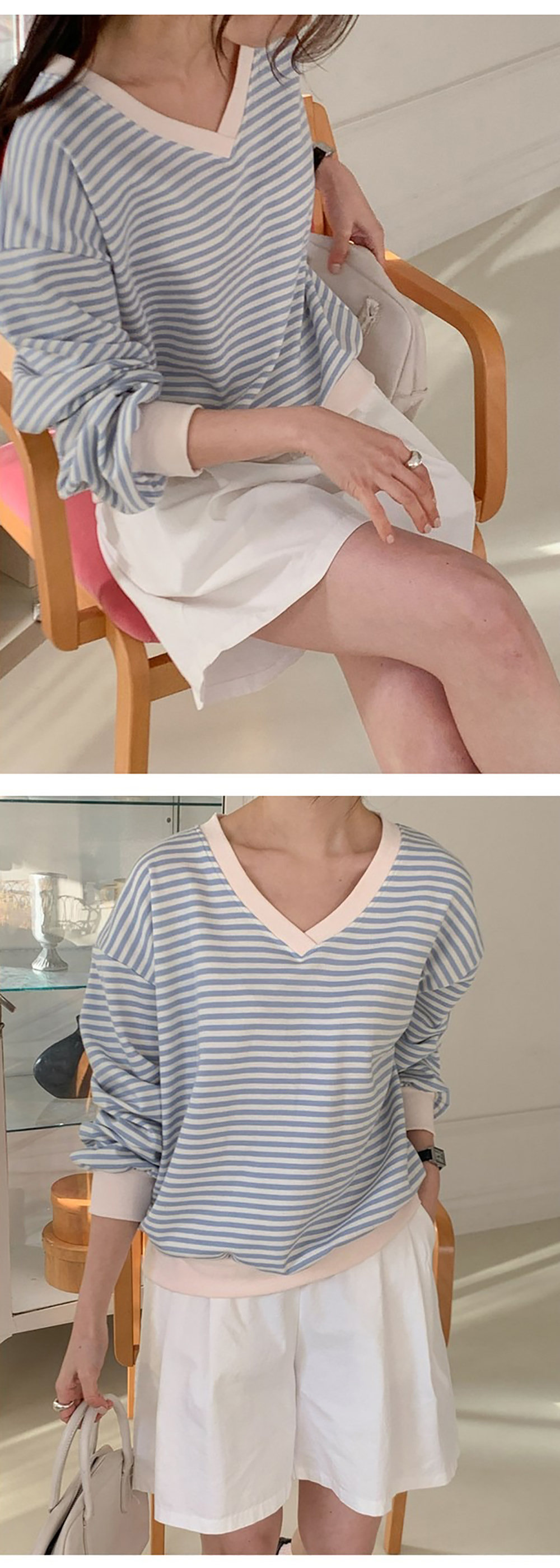 小清新條紋V領上衣,KOREA,355650,小清新條紋V領上衣,領500,999免運