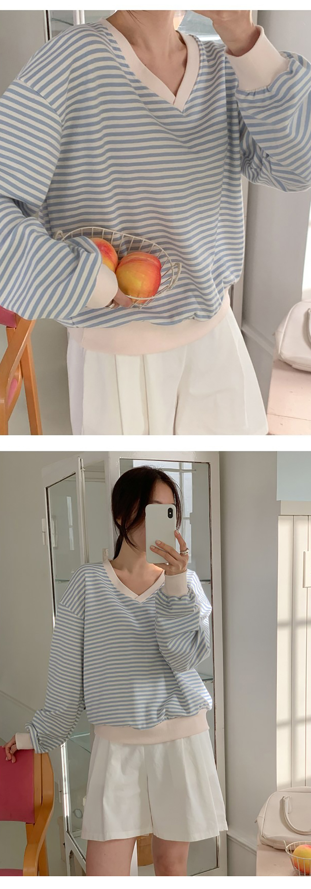 小清新條紋V領上衣,KOREA,355650,小清新條紋V領上衣,領500,999免運
