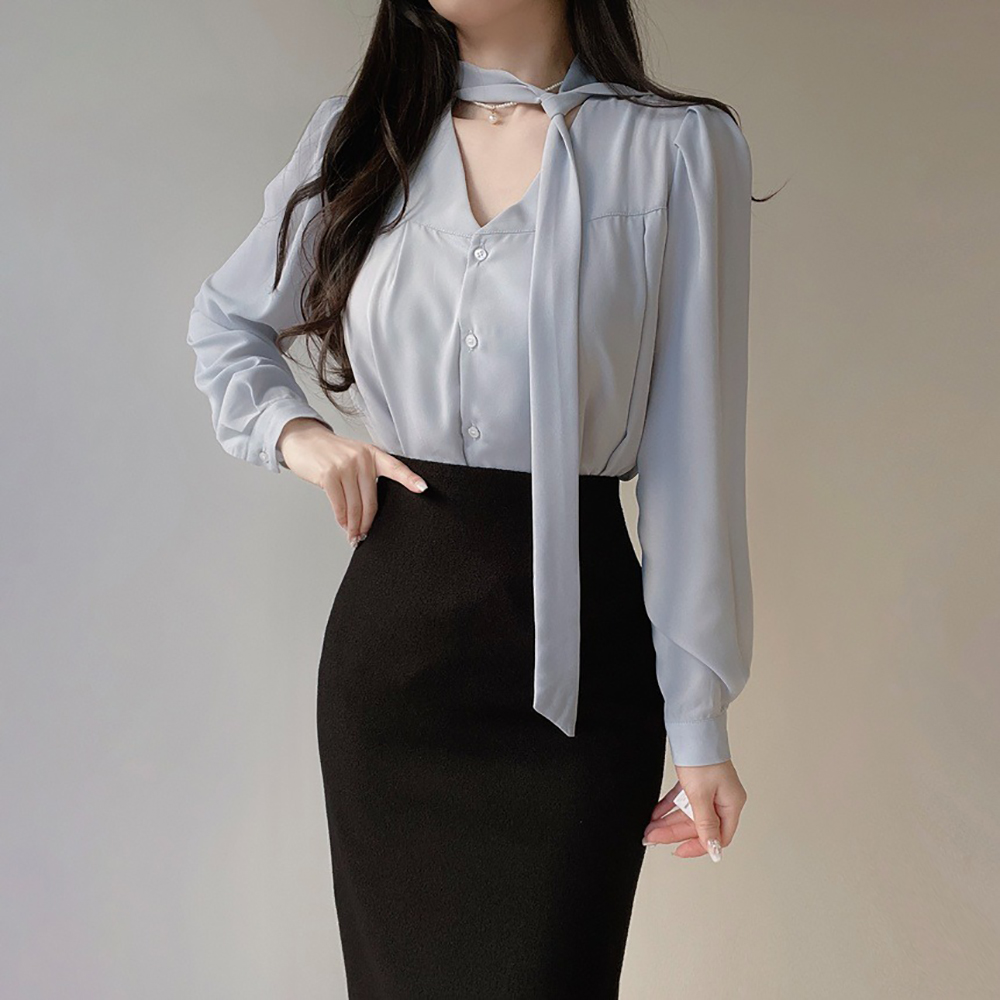 氣質領巾綁帶V領襯衫,KOREA,355783,氣質領巾綁帶V領襯衫,周新品優惠,NEWARRIVAL