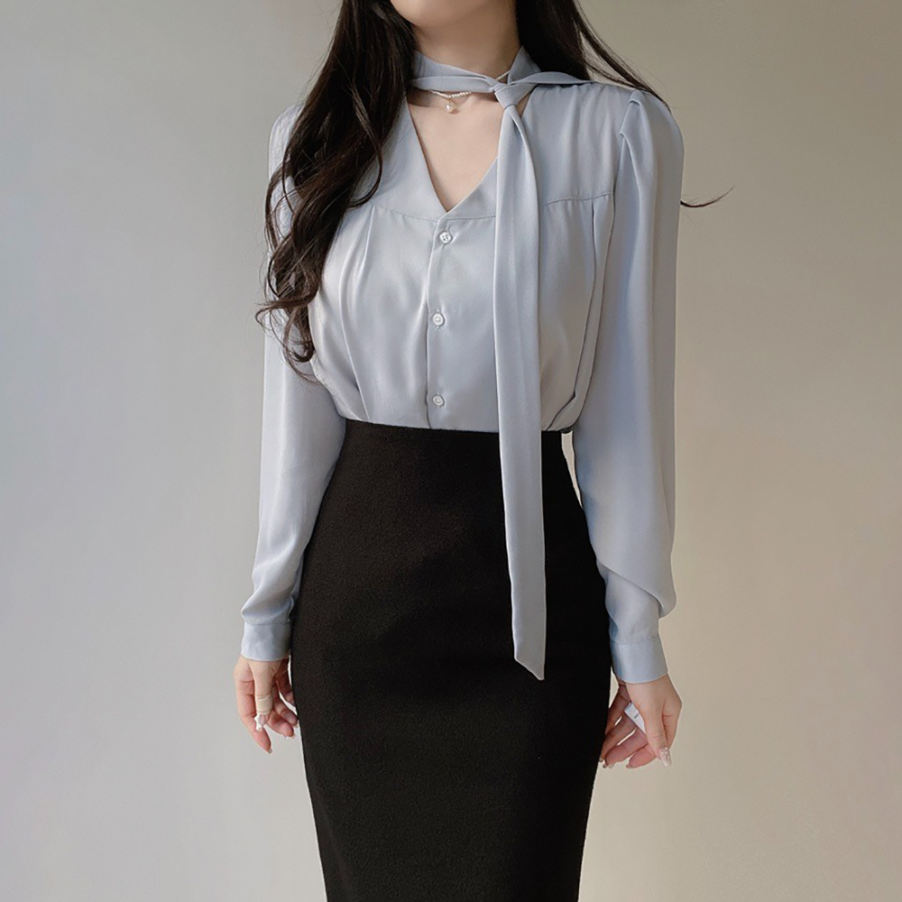 氣質領巾綁帶V領襯衫,KOREA,355783,氣質領巾綁帶V領襯衫,周新品優惠,NEWARRIVAL