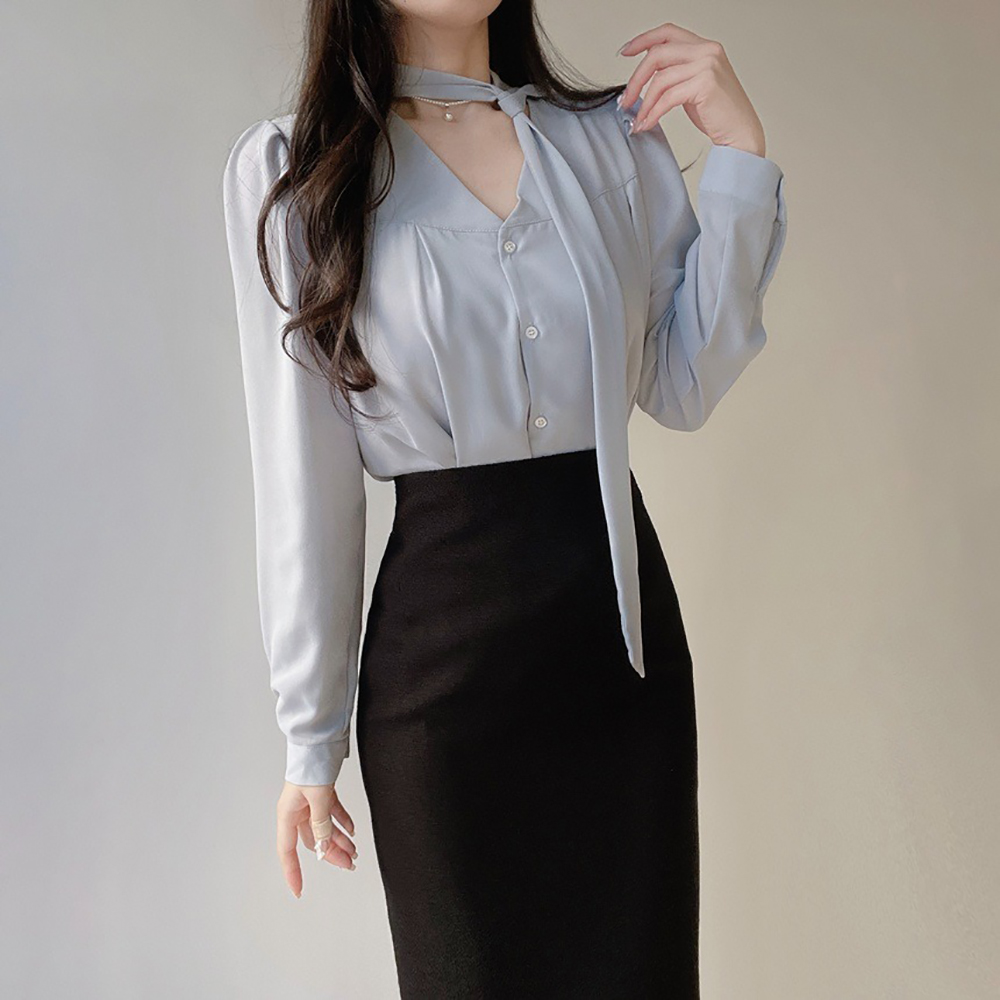 氣質領巾綁帶V領襯衫,KOREA,355783,氣質領巾綁帶V領襯衫,周新品優惠,NEWARRIVAL