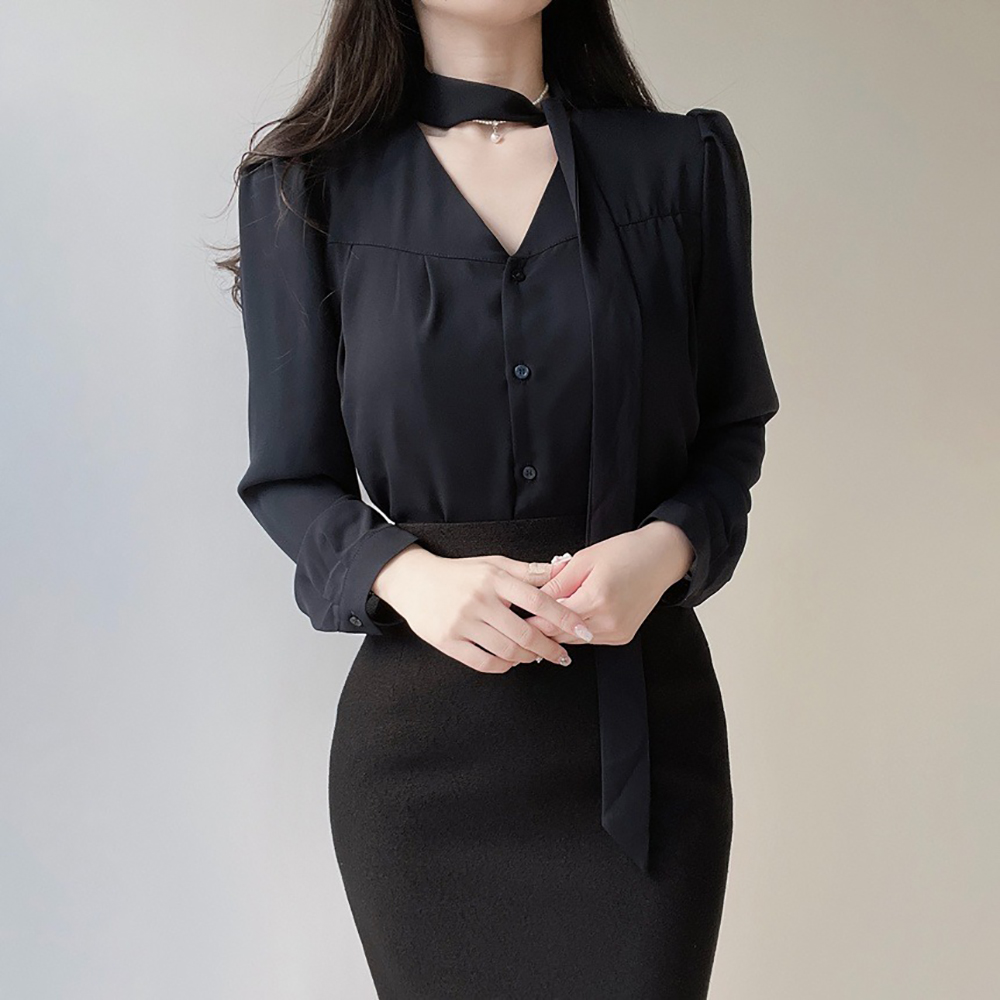 氣質領巾綁帶V領襯衫,KOREA,355783,氣質領巾綁帶V領襯衫,周新品優惠,NEWARRIVAL