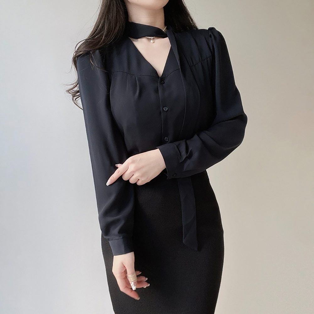 氣質領巾綁帶V領襯衫,KOREA,355783,氣質領巾綁帶V領襯衫,周新品優惠,NEWARRIVAL