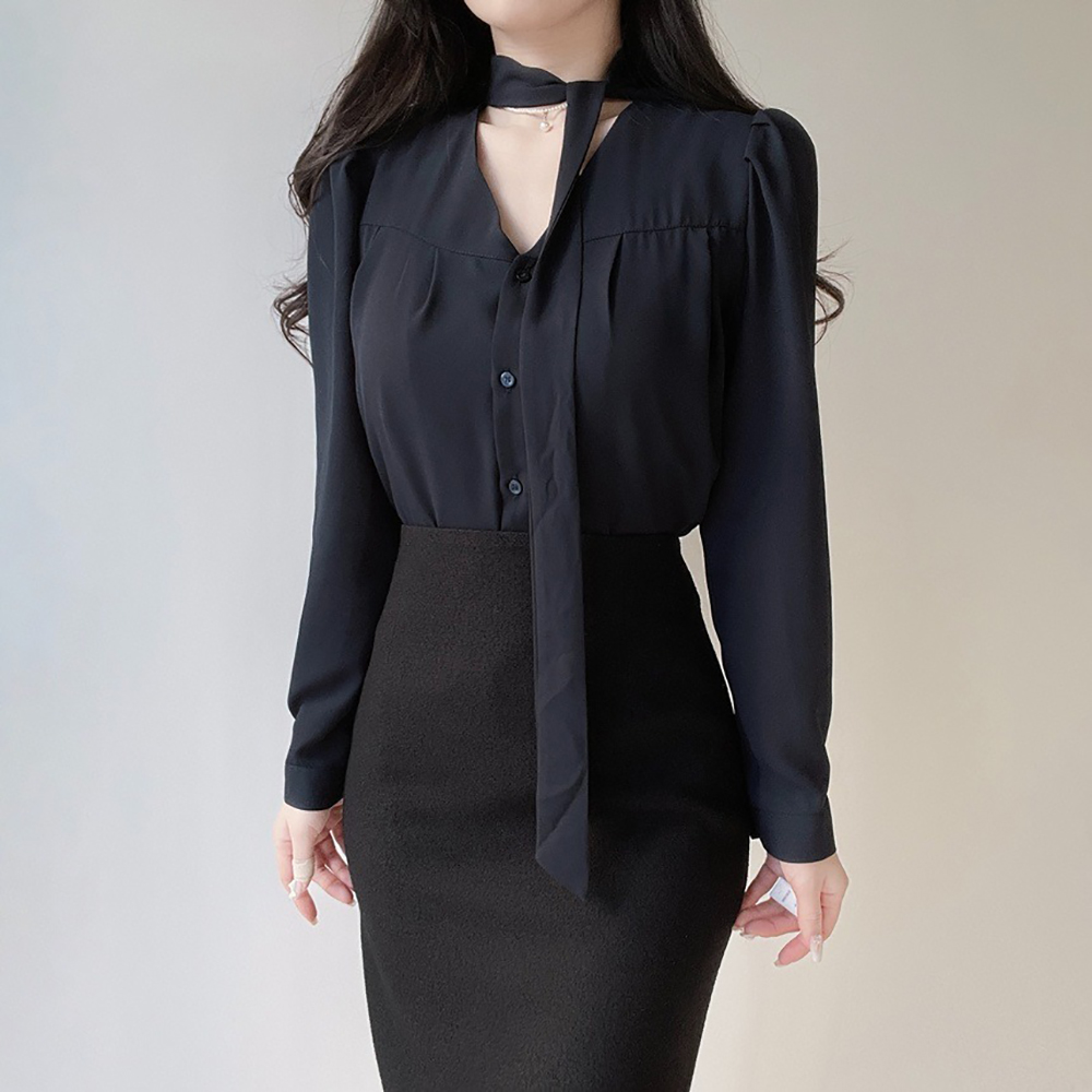 氣質領巾綁帶V領襯衫,KOREA,355783,氣質領巾綁帶V領襯衫,周新品優惠,NEWARRIVAL