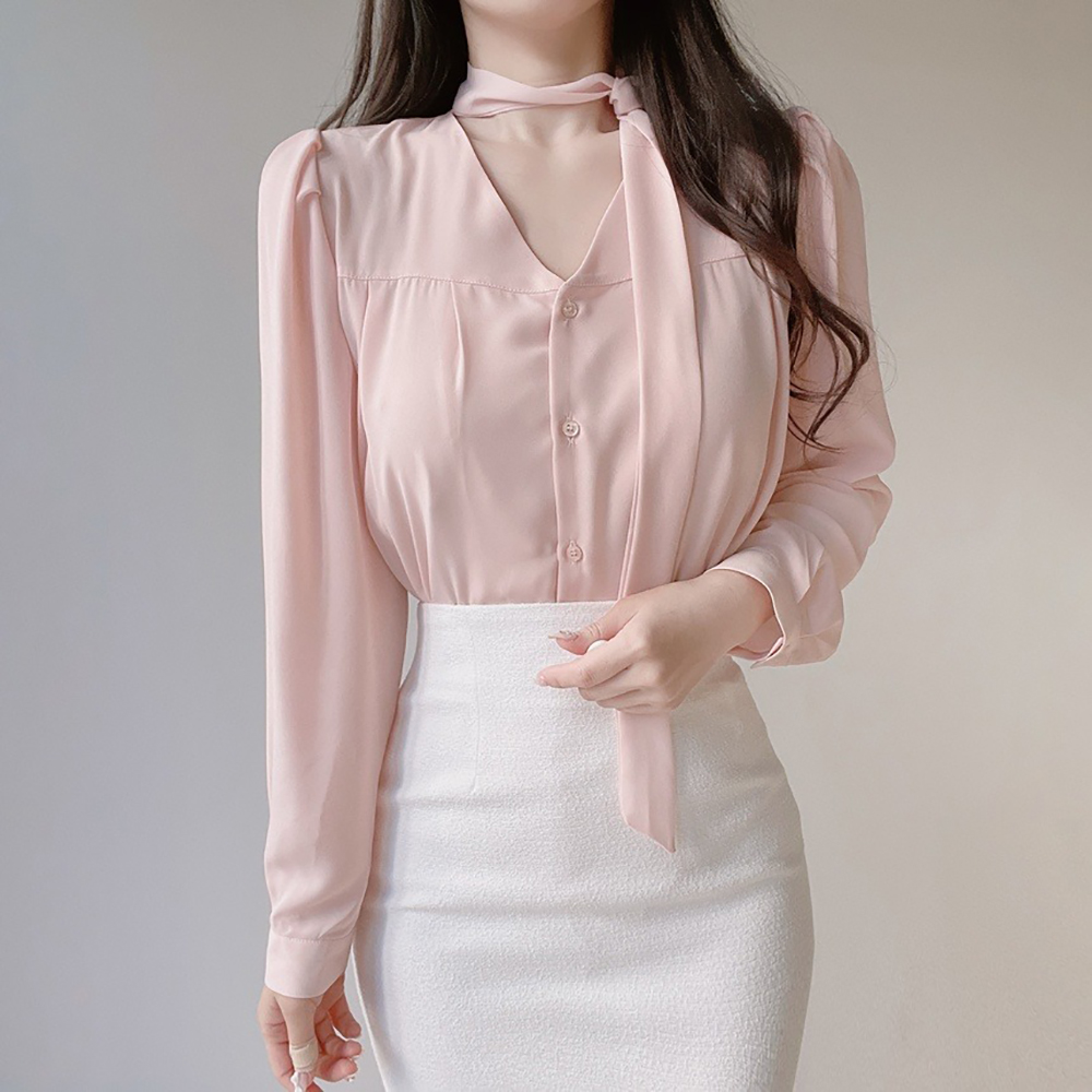 氣質領巾綁帶V領襯衫,KOREA,355783,氣質領巾綁帶V領襯衫,周新品優惠,NEWARRIVAL