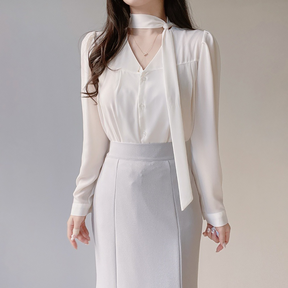 氣質領巾綁帶V領襯衫,KOREA,355783,氣質領巾綁帶V領襯衫,周新品優惠,NEWARRIVAL