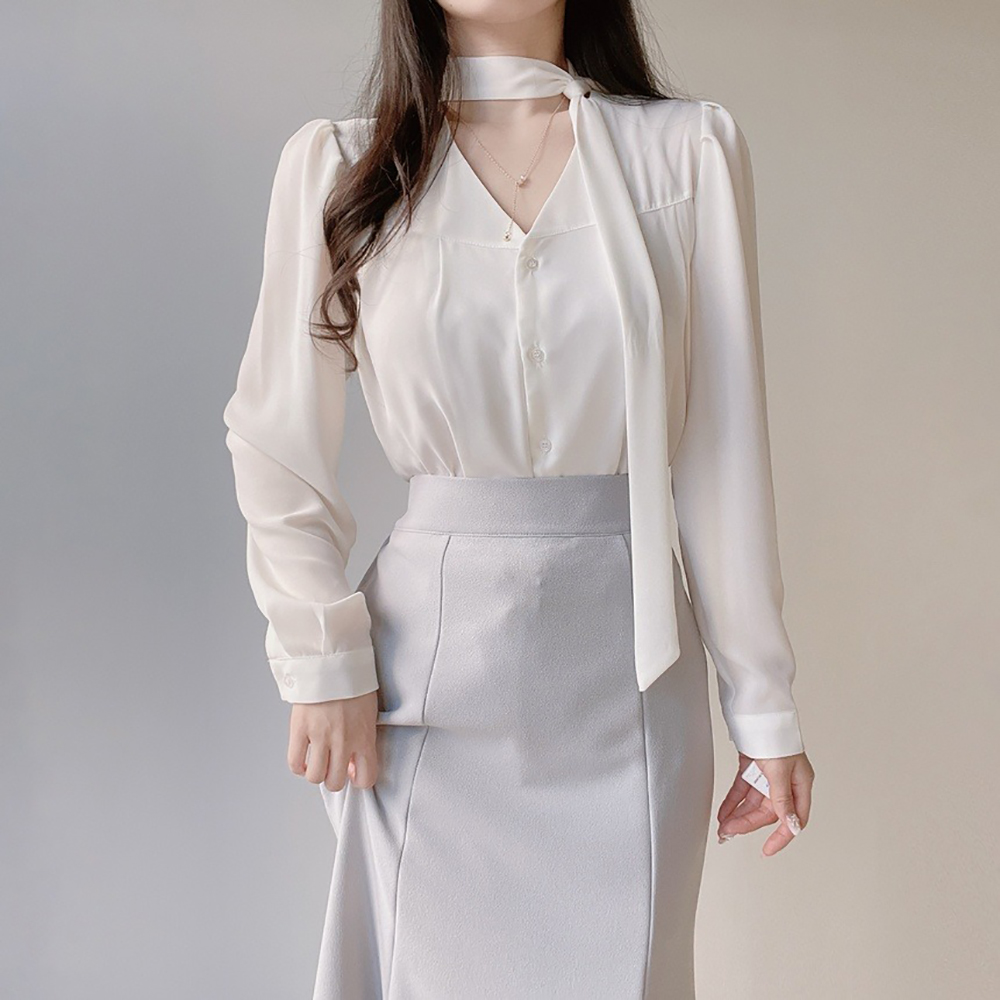 氣質領巾綁帶V領襯衫,KOREA,355783,氣質領巾綁帶V領襯衫,周新品優惠,NEWARRIVAL