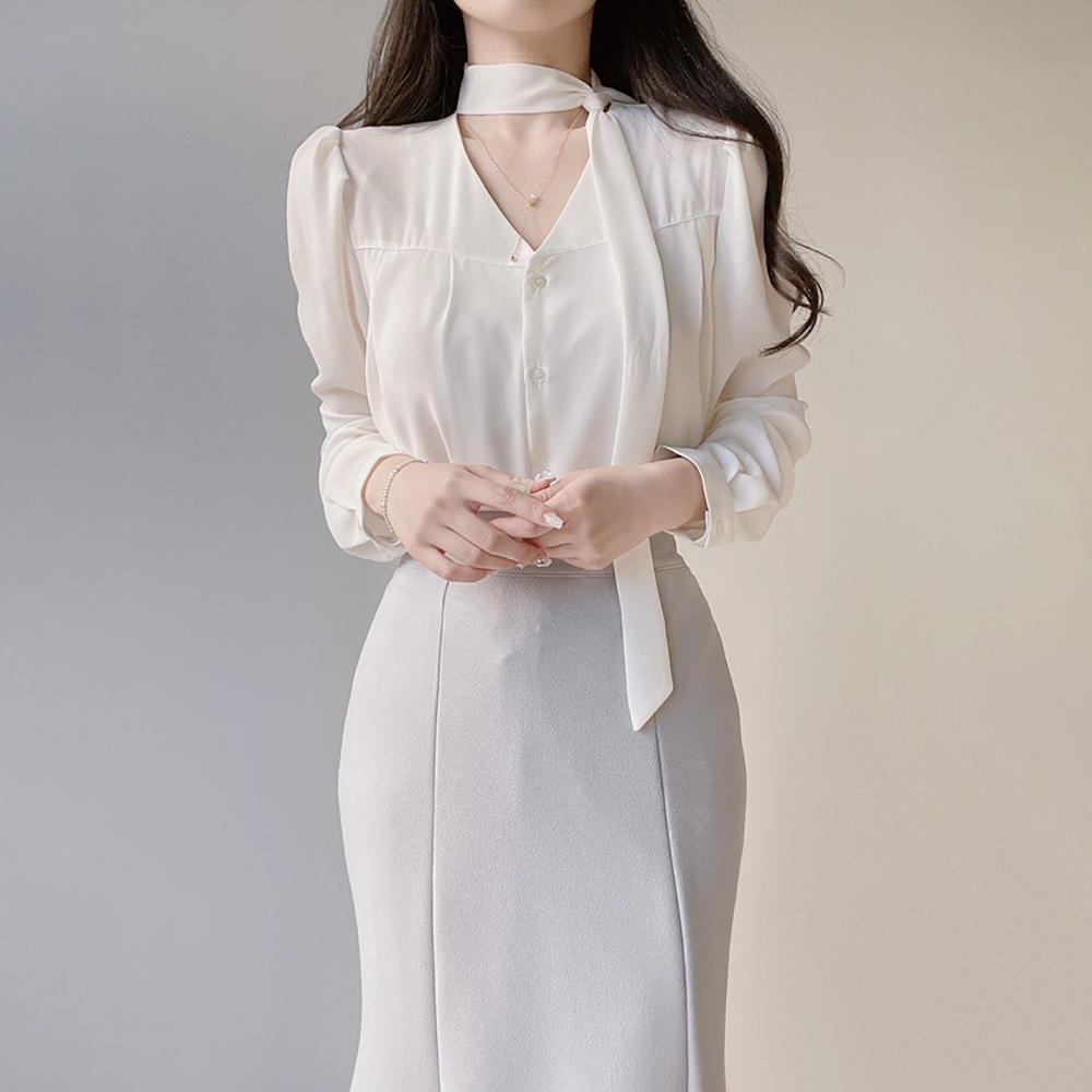 氣質領巾綁帶V領襯衫,KOREA,355783,氣質領巾綁帶V領襯衫,周新品優惠,NEWARRIVAL