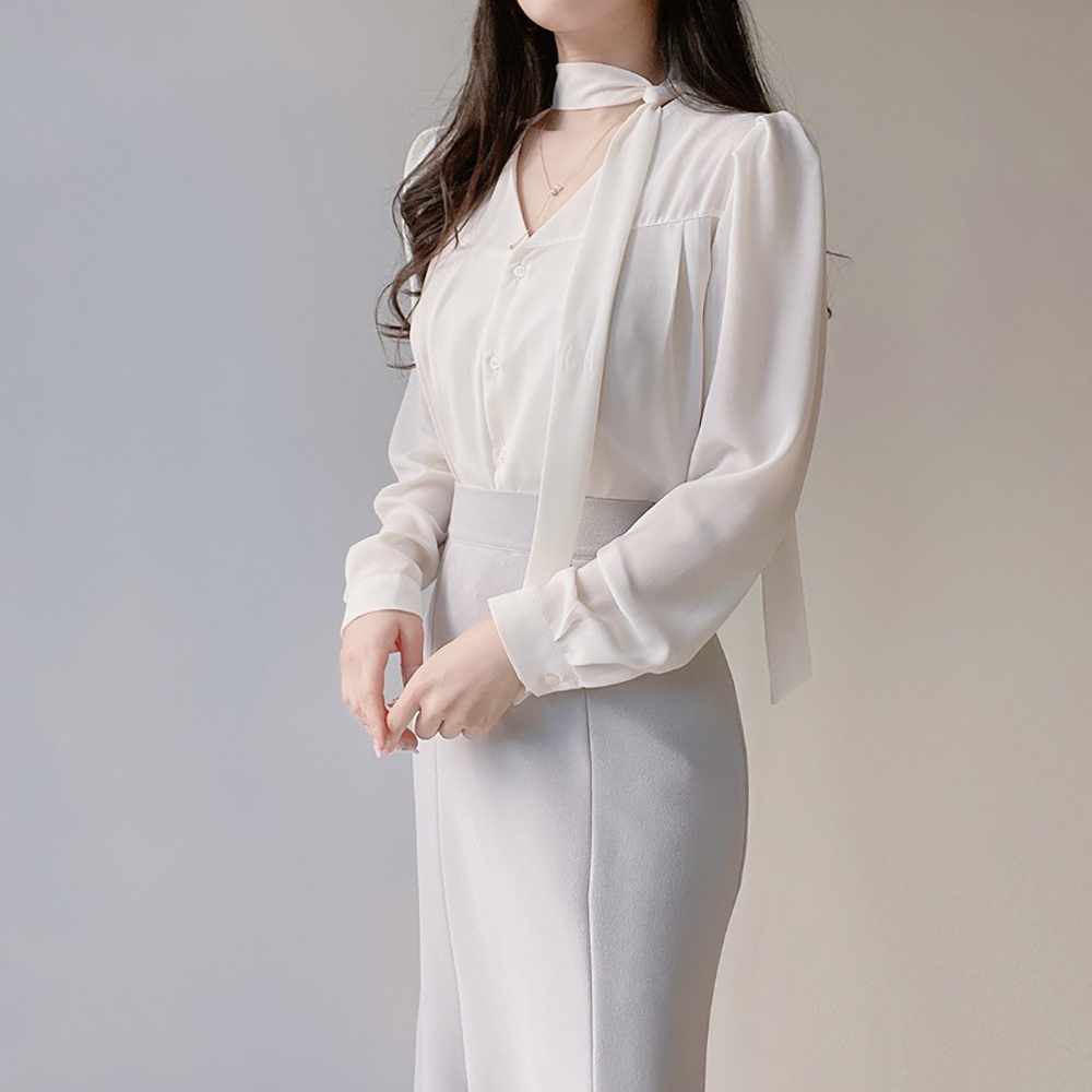 氣質領巾綁帶V領襯衫,KOREA,355783,氣質領巾綁帶V領襯衫,周新品優惠,NEWARRIVAL