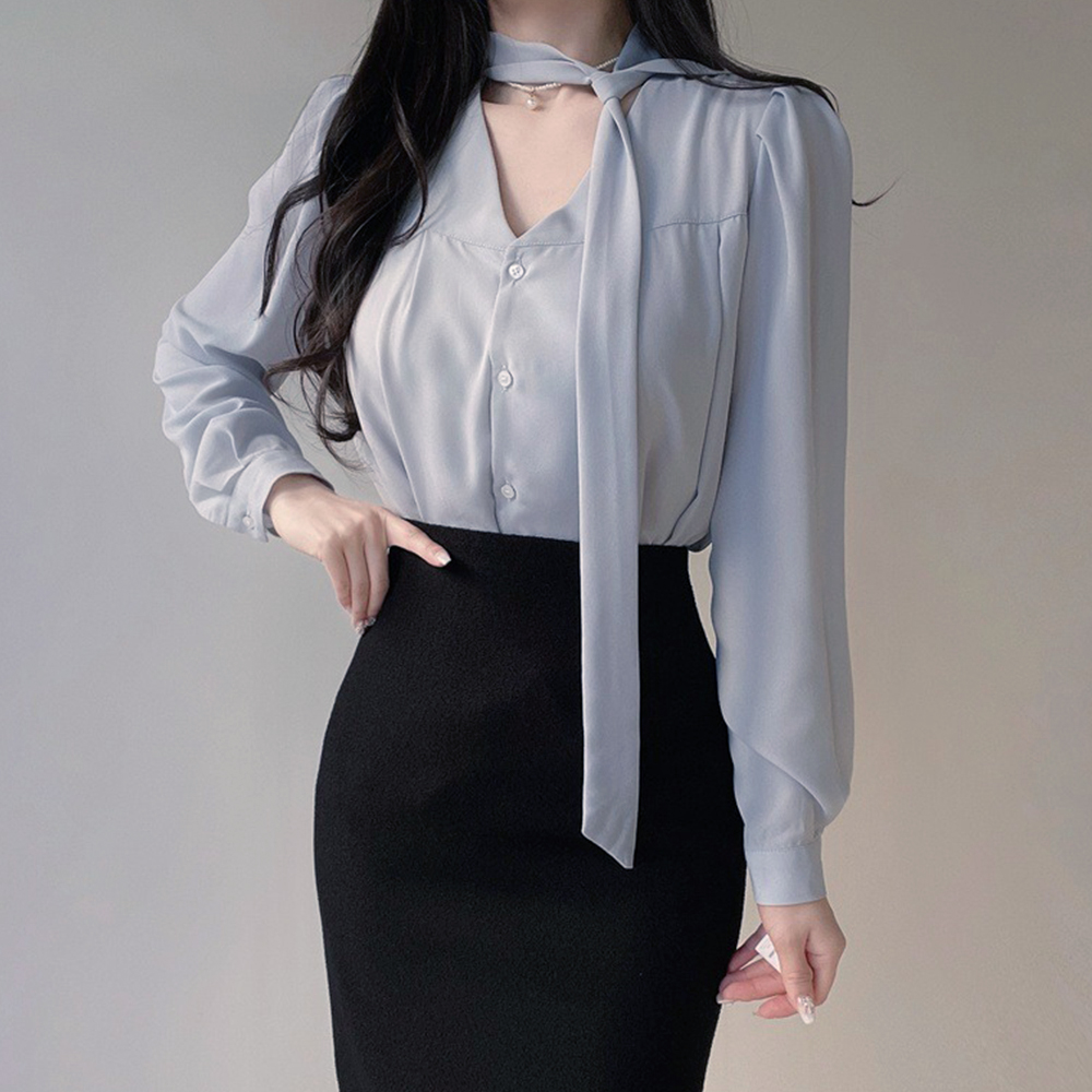氣質領巾綁帶V領襯衫