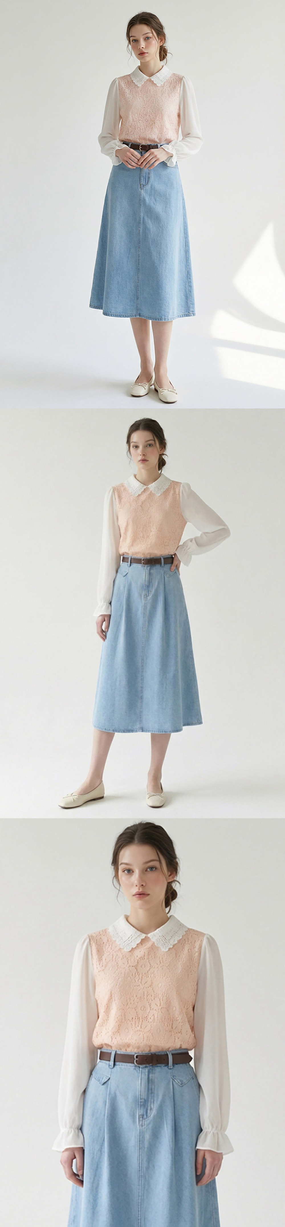 花朵蕾絲拼接袖襯衫,KOREA,355513,花朵蕾絲拼接袖襯衫,領500,999免運