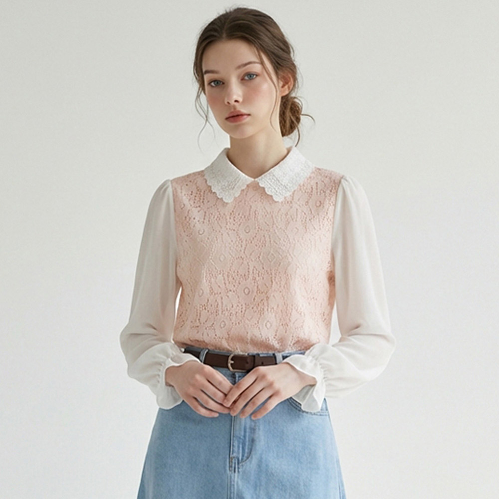 花朵蕾絲拼接袖襯衫,KOREA,355513,花朵蕾絲拼接袖襯衫,領500,999免運