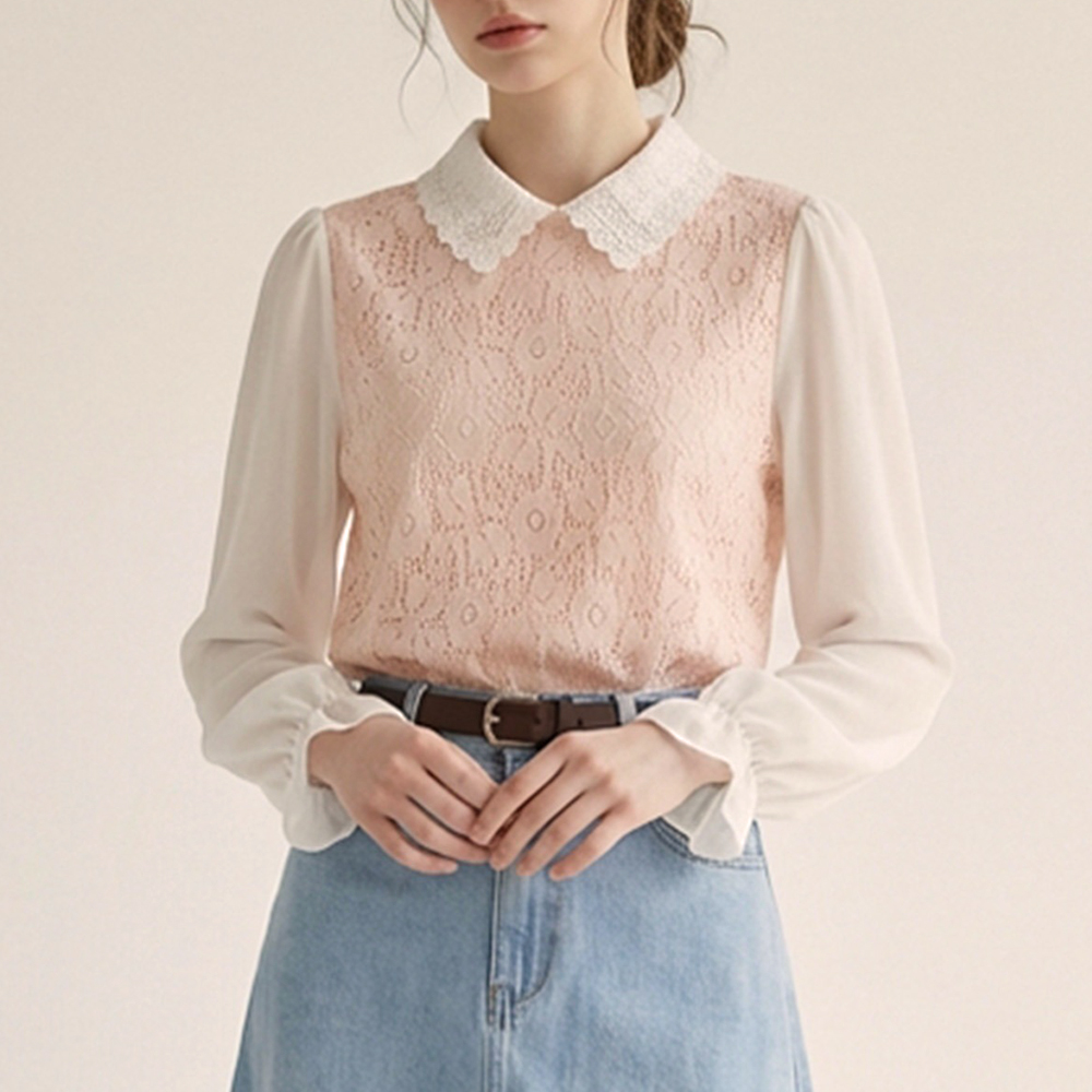 花朵蕾絲拼接袖襯衫