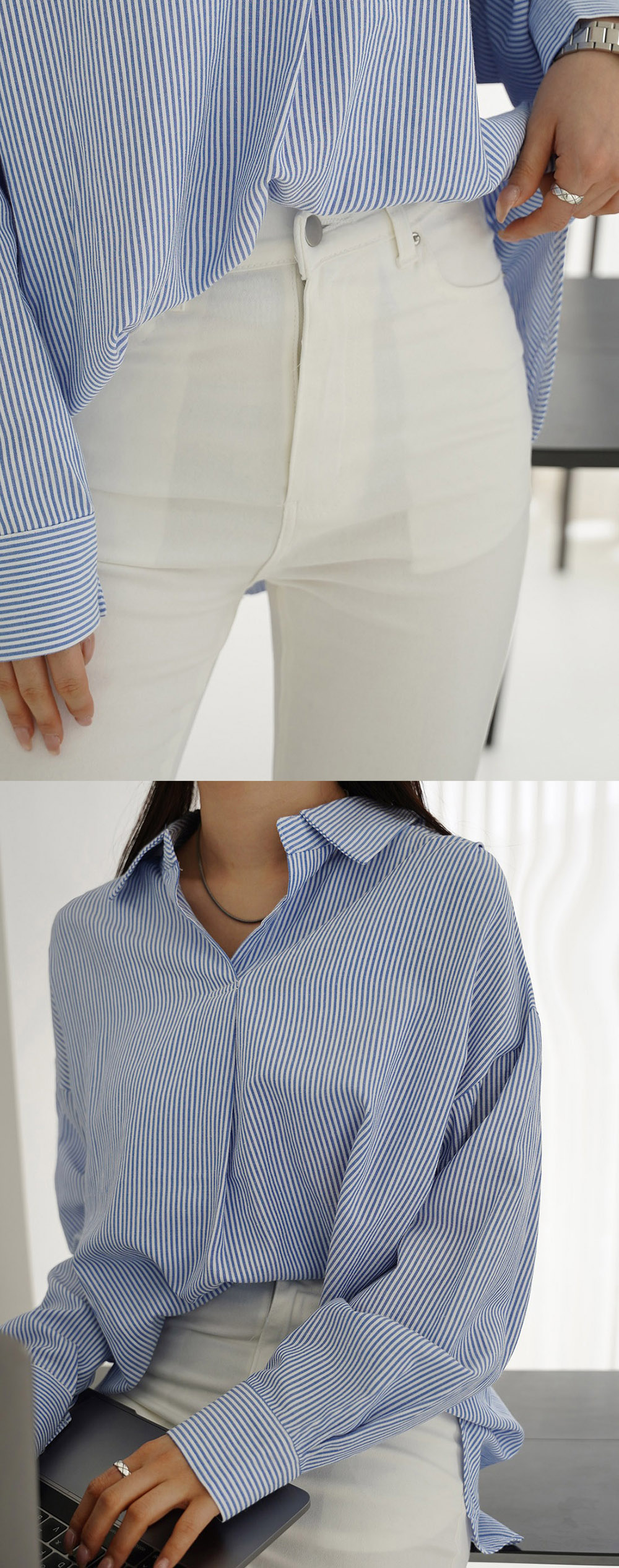 寬鬆前後兩穿條紋襯衫,KOREA,355693,寬鬆前後兩穿條紋襯衫,領500,999免運