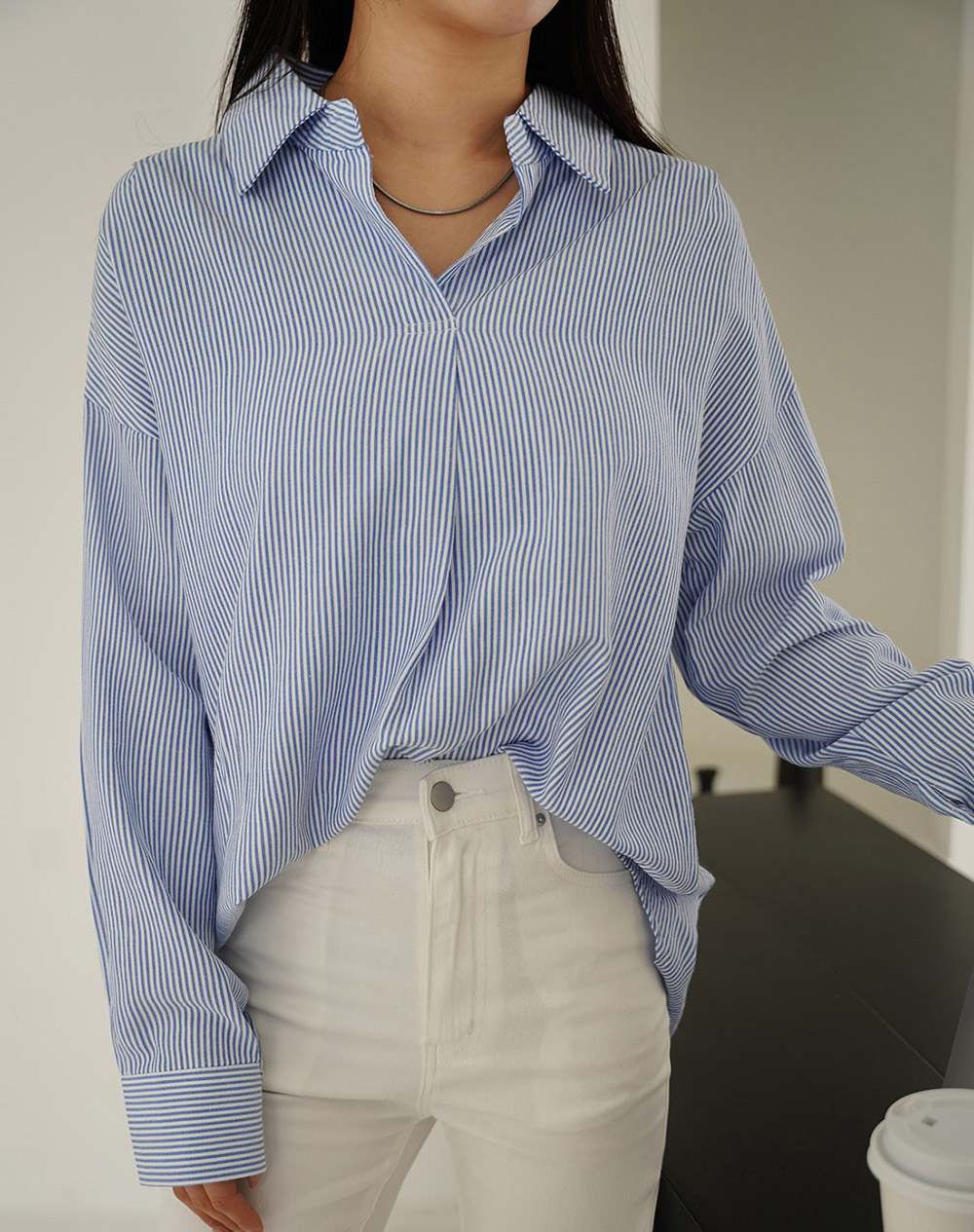 寬鬆前後兩穿條紋襯衫,KOREA,355693,寬鬆前後兩穿條紋襯衫,領500,999免運