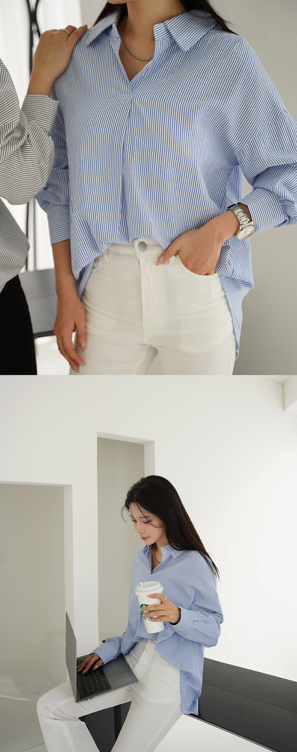 寬鬆前後兩穿條紋襯衫,KOREA,355693,寬鬆前後兩穿條紋襯衫,領500,999免運