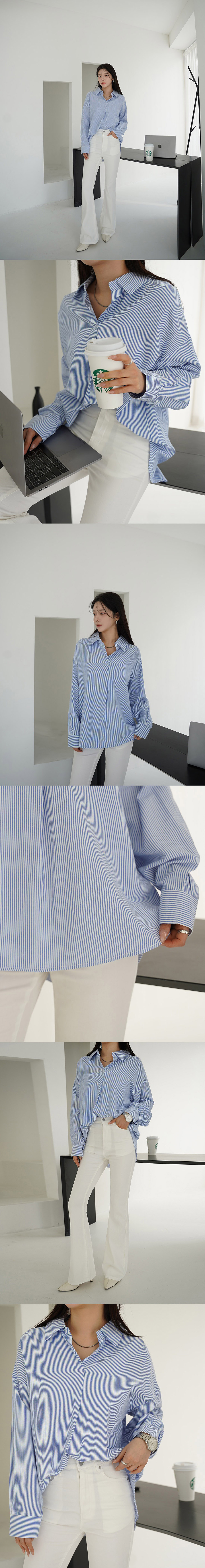 寬鬆前後兩穿條紋襯衫,KOREA,355693,寬鬆前後兩穿條紋襯衫,領500,999免運