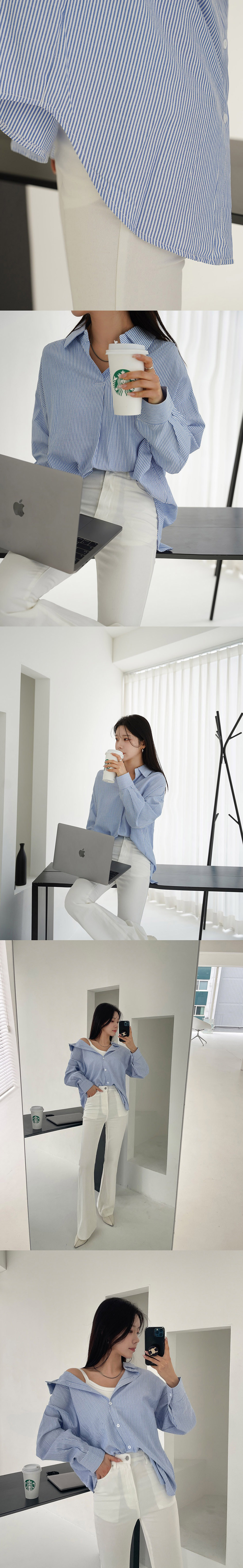 寬鬆前後兩穿條紋襯衫,KOREA,355693,寬鬆前後兩穿條紋襯衫,領500,999免運