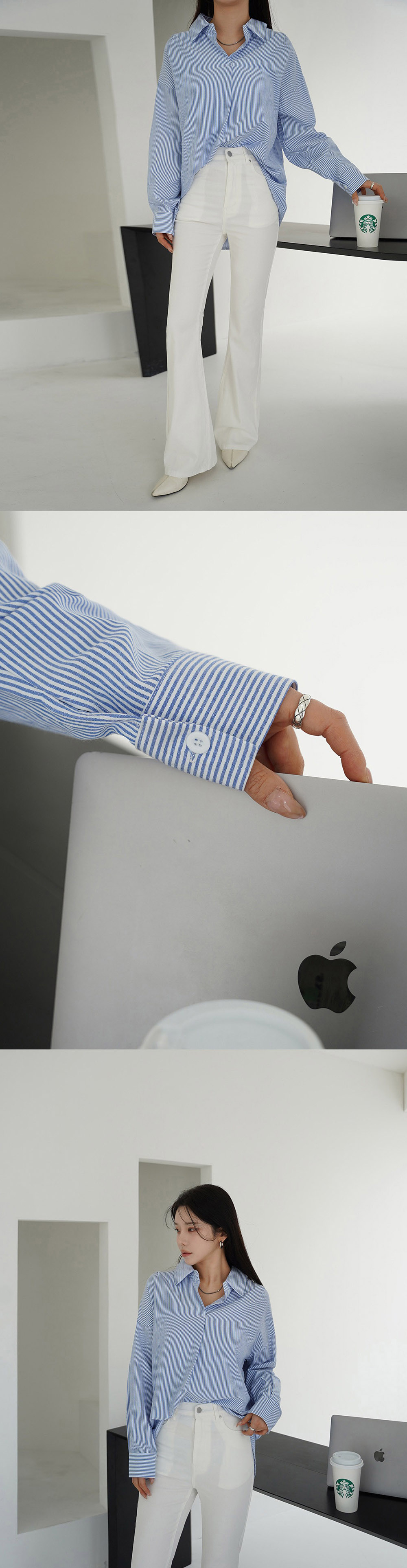 寬鬆前後兩穿條紋襯衫,KOREA,355693,寬鬆前後兩穿條紋襯衫,領500,999免運