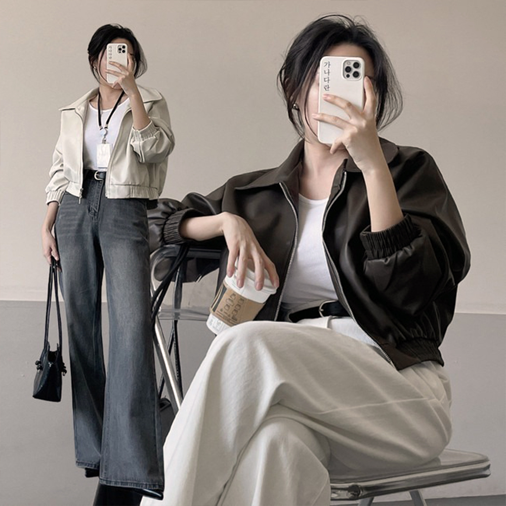 雙向拉鍊皮夾克外套