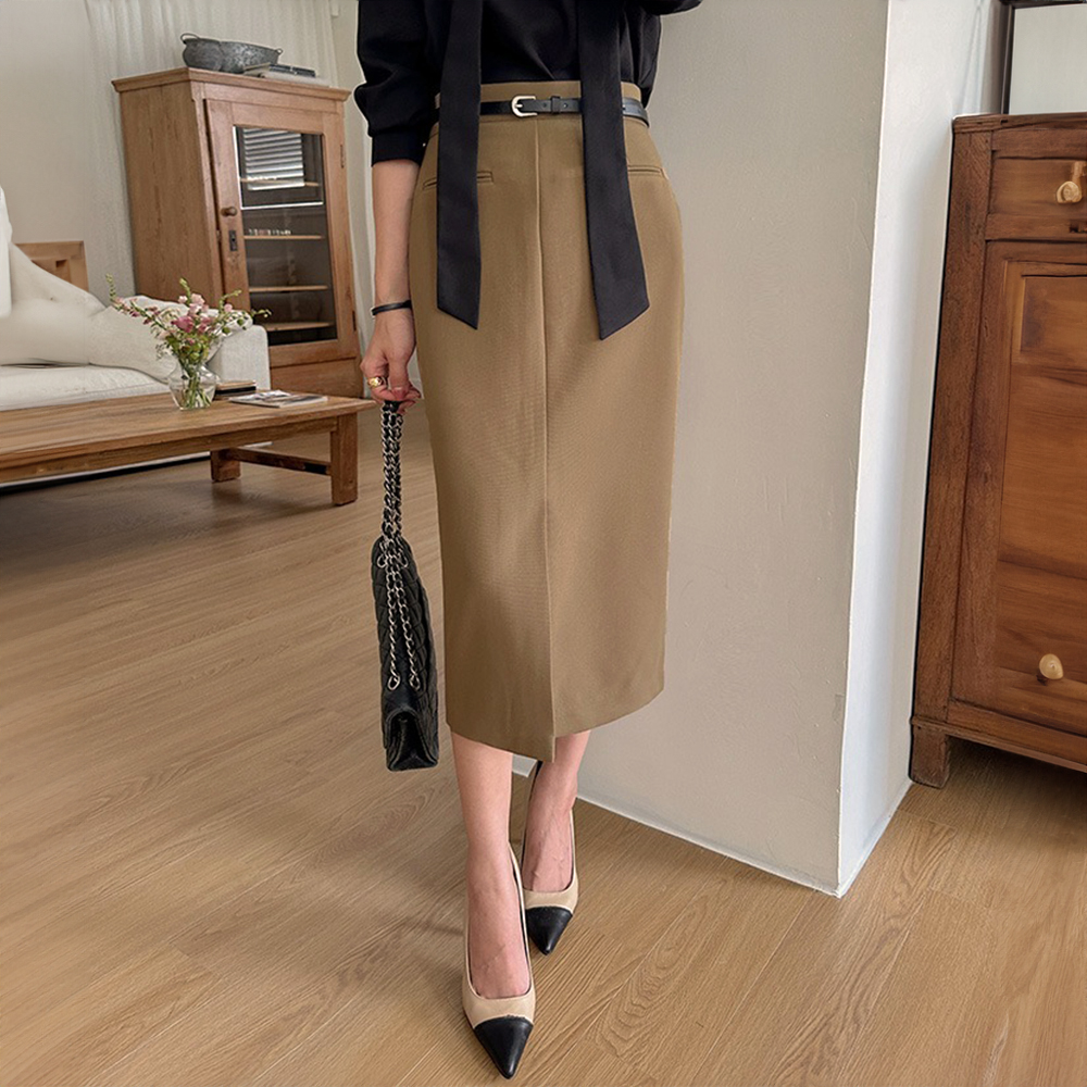 優雅簡約前開衩長裙