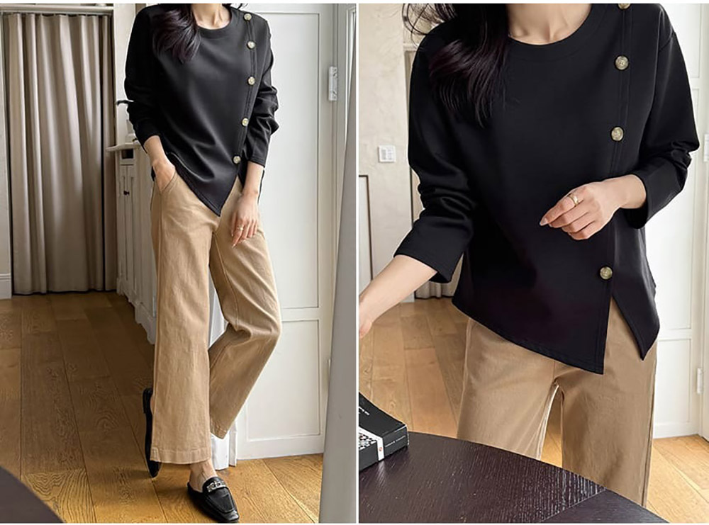 簡約斜釦設計開衩上衣,KOREA,358461,簡約斜釦設計開衩上衣,領500,999免運