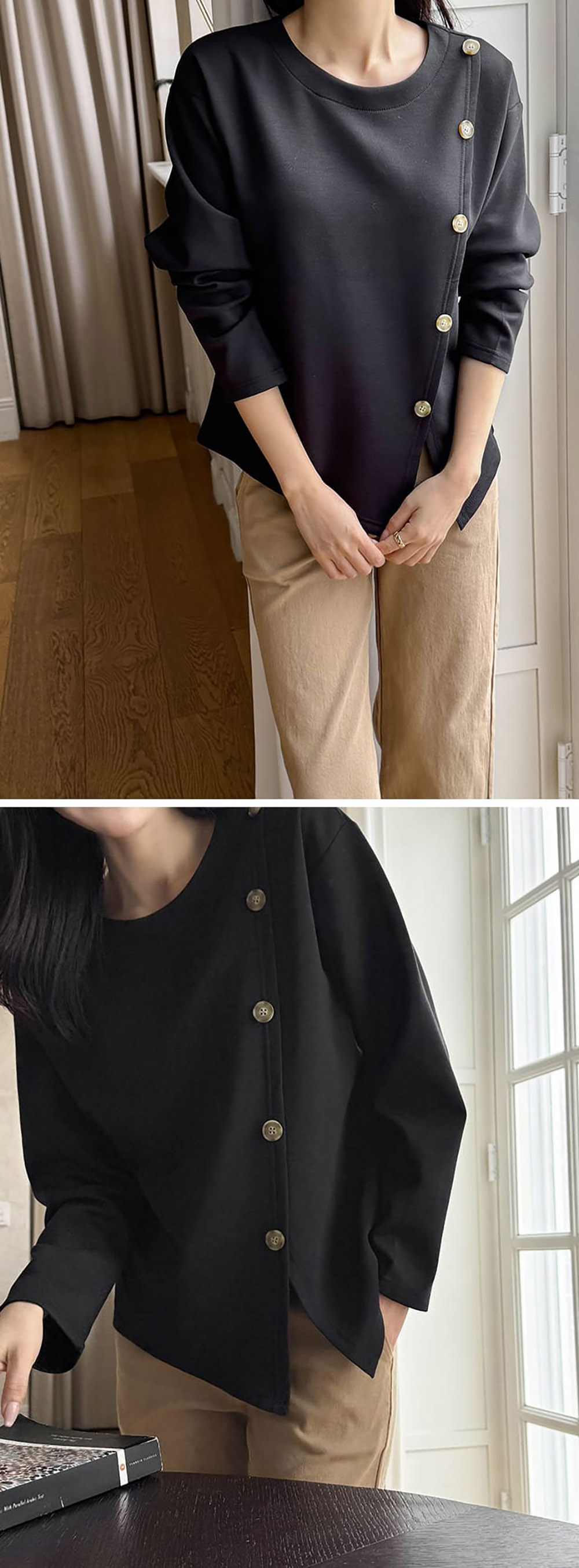 簡約斜釦設計開衩上衣,KOREA,358461,簡約斜釦設計開衩上衣,領500,999免運