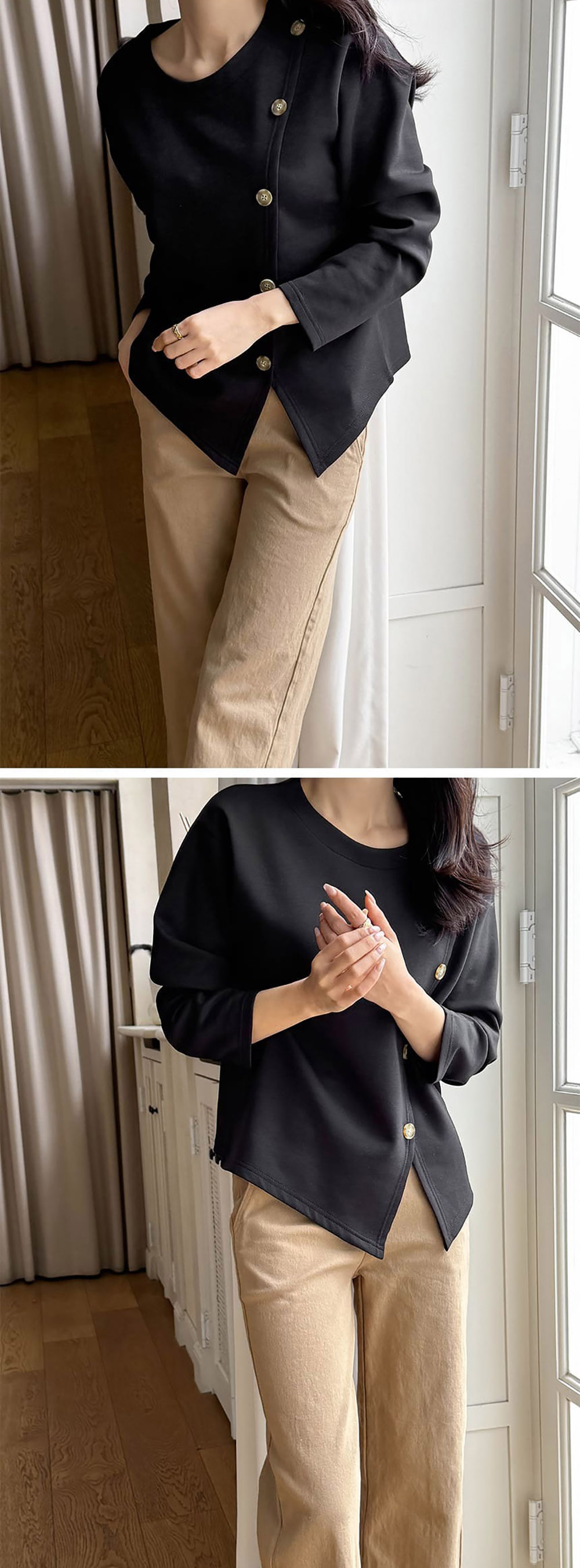 簡約斜釦設計開衩上衣,KOREA,358461,簡約斜釦設計開衩上衣,領500,999免運