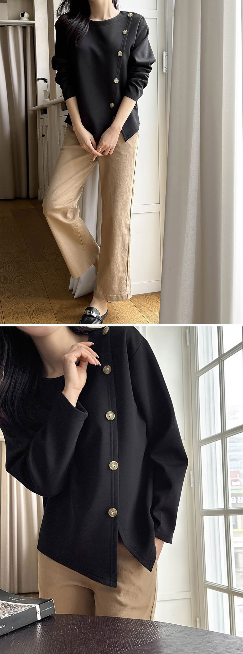 簡約斜釦設計開衩上衣,KOREA,358461,簡約斜釦設計開衩上衣,領500,999免運