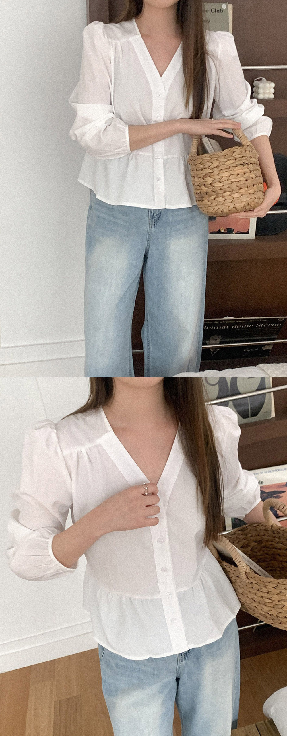 簡約V領公主袖襯衫,襯衫,KOREA,358551,簡約V領公主袖襯衫,999免運