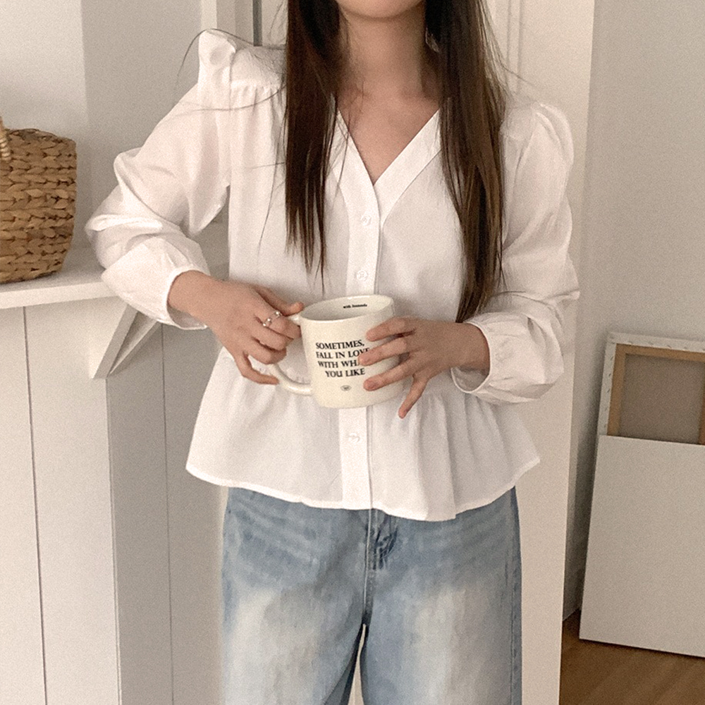 簡約V領公主袖襯衫