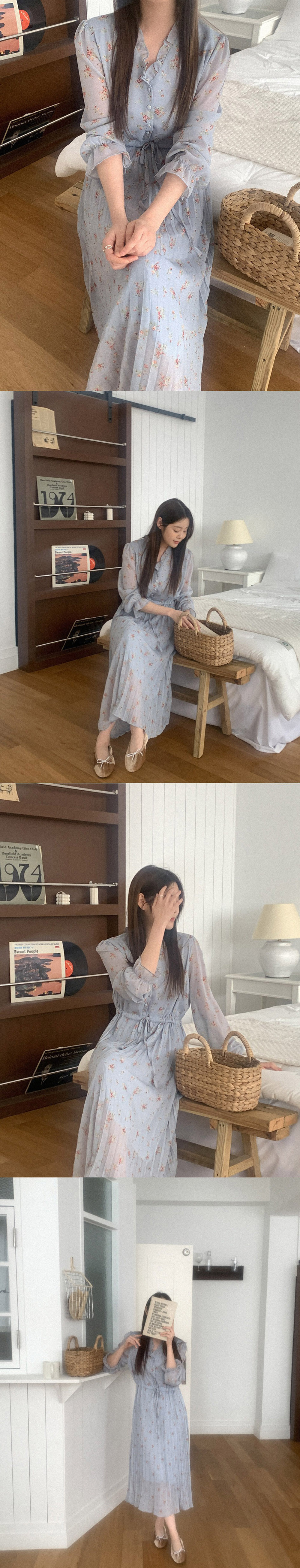 荷葉V領雪紡碎花洋裝,KOREA,358553,荷葉V領雪紡碎花洋裝,領500,999免運