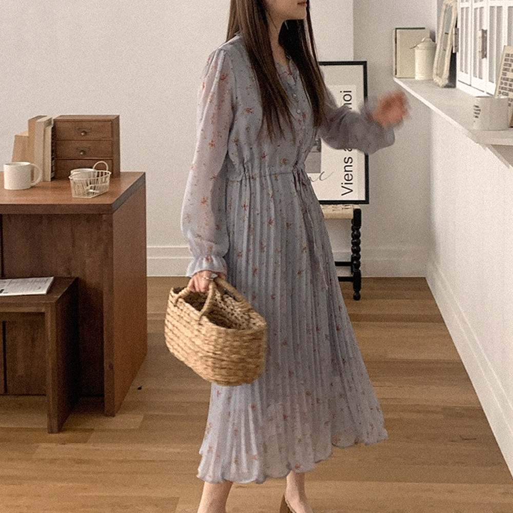 荷葉V領雪紡碎花洋裝