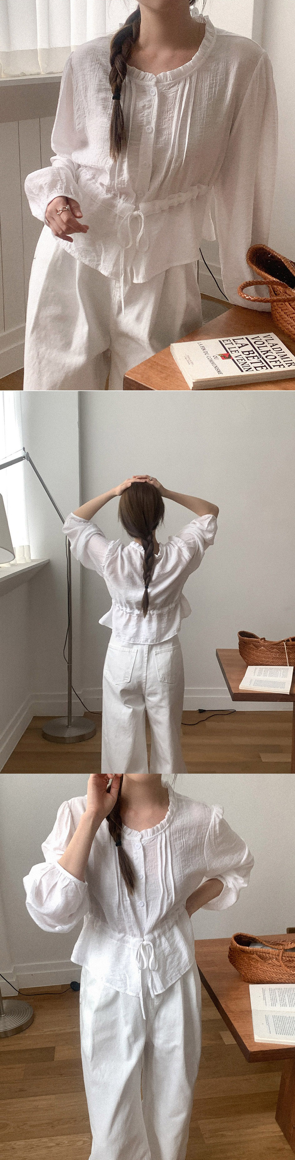 腰部抽繩荷葉領襯衫,KOREA,358554,腰部抽繩荷葉領襯衫,領500,999免運