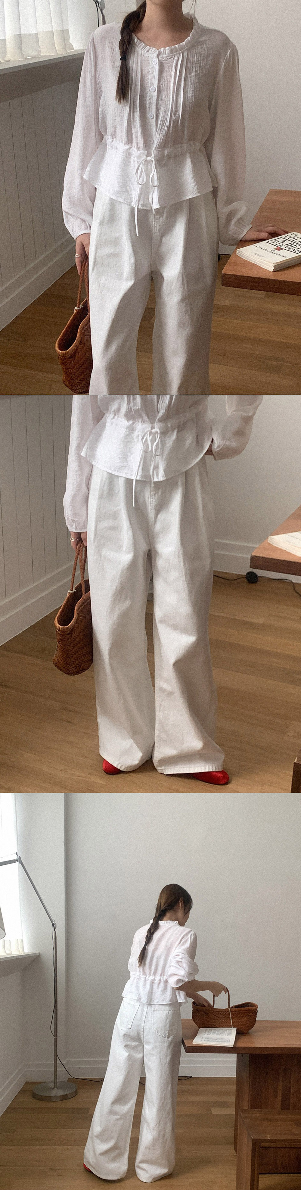 腰部抽繩荷葉領襯衫,KOREA,358554,腰部抽繩荷葉領襯衫,領500,999免運