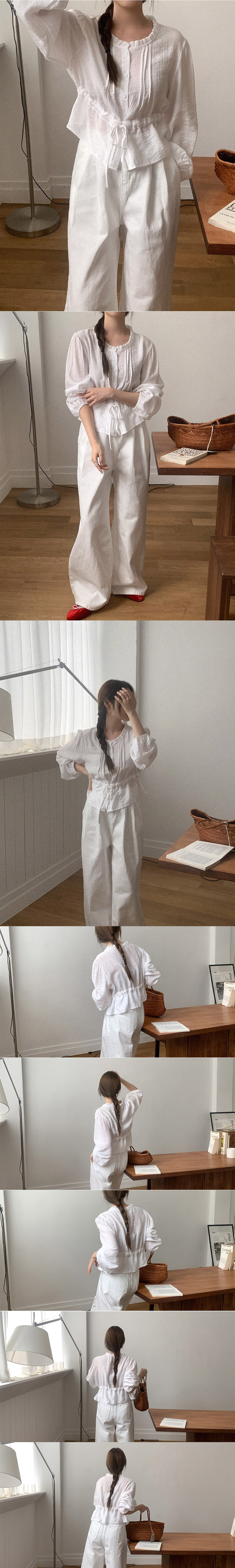 腰部抽繩荷葉領襯衫,KOREA,358554,腰部抽繩荷葉領襯衫,領500,999免運